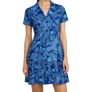 VTG DBY A-Line Dress Short Sleeve Collared Self Tie Back Floral Print Blue M 10